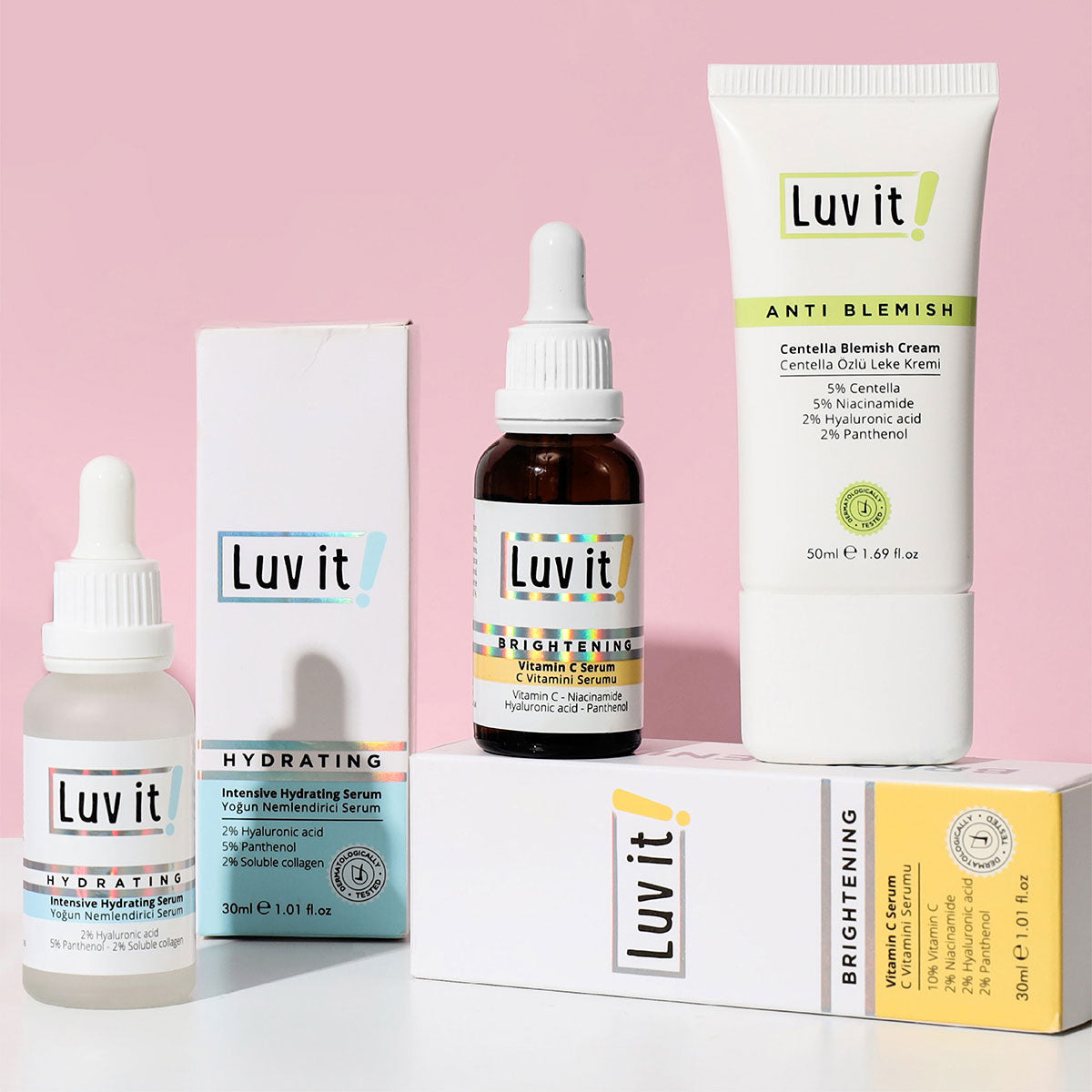 Yoğun Nemlendirici Serum, Centella Özlü Leke Kremi ve C Vitamini Serumu Seti