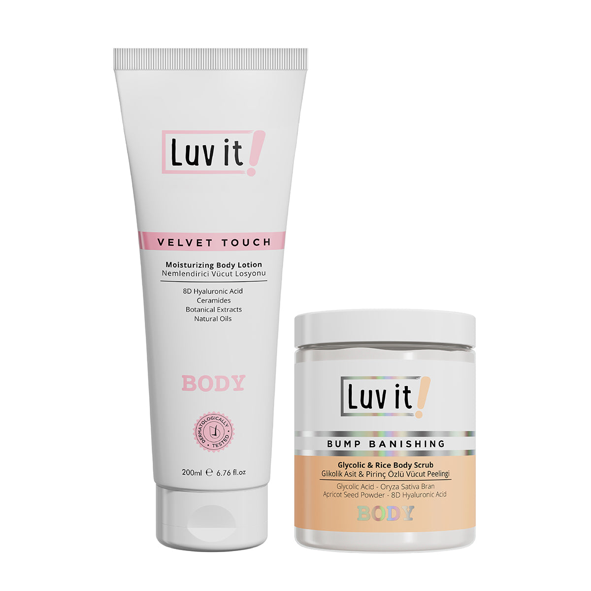 Pirinç Özlü, Seramid ve Hyalüronik Asit İçeren 2'li Vücut Bakım Seti - Body Scrub ve Vücut Losyonu