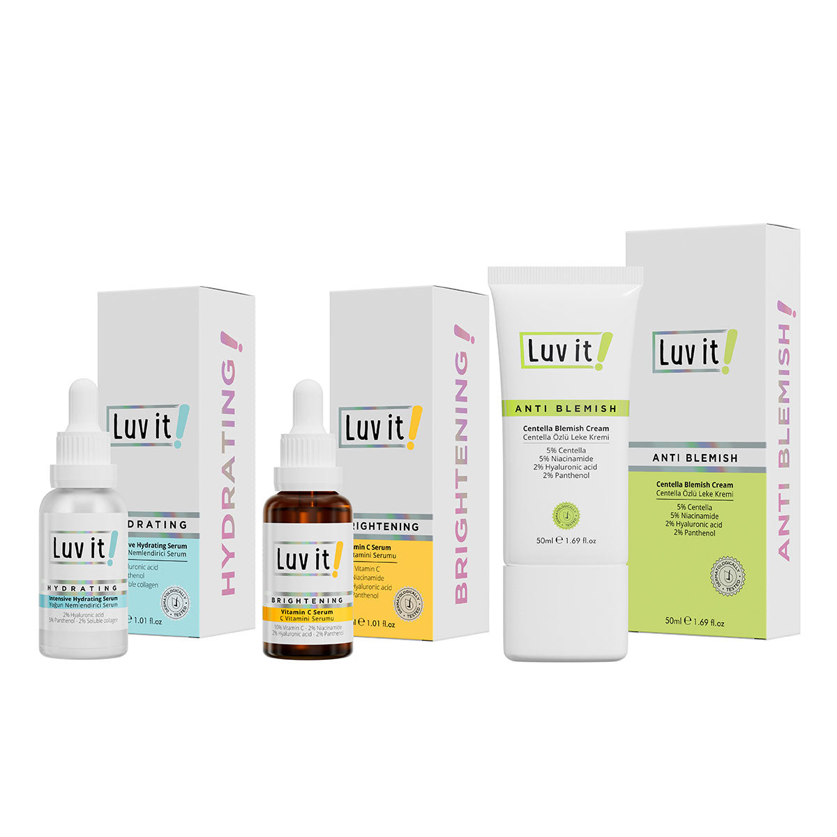 Yoğun Nemlendirici Serum, Centella Özlü Leke Kremi ve C Vitamini Serumu Seti
