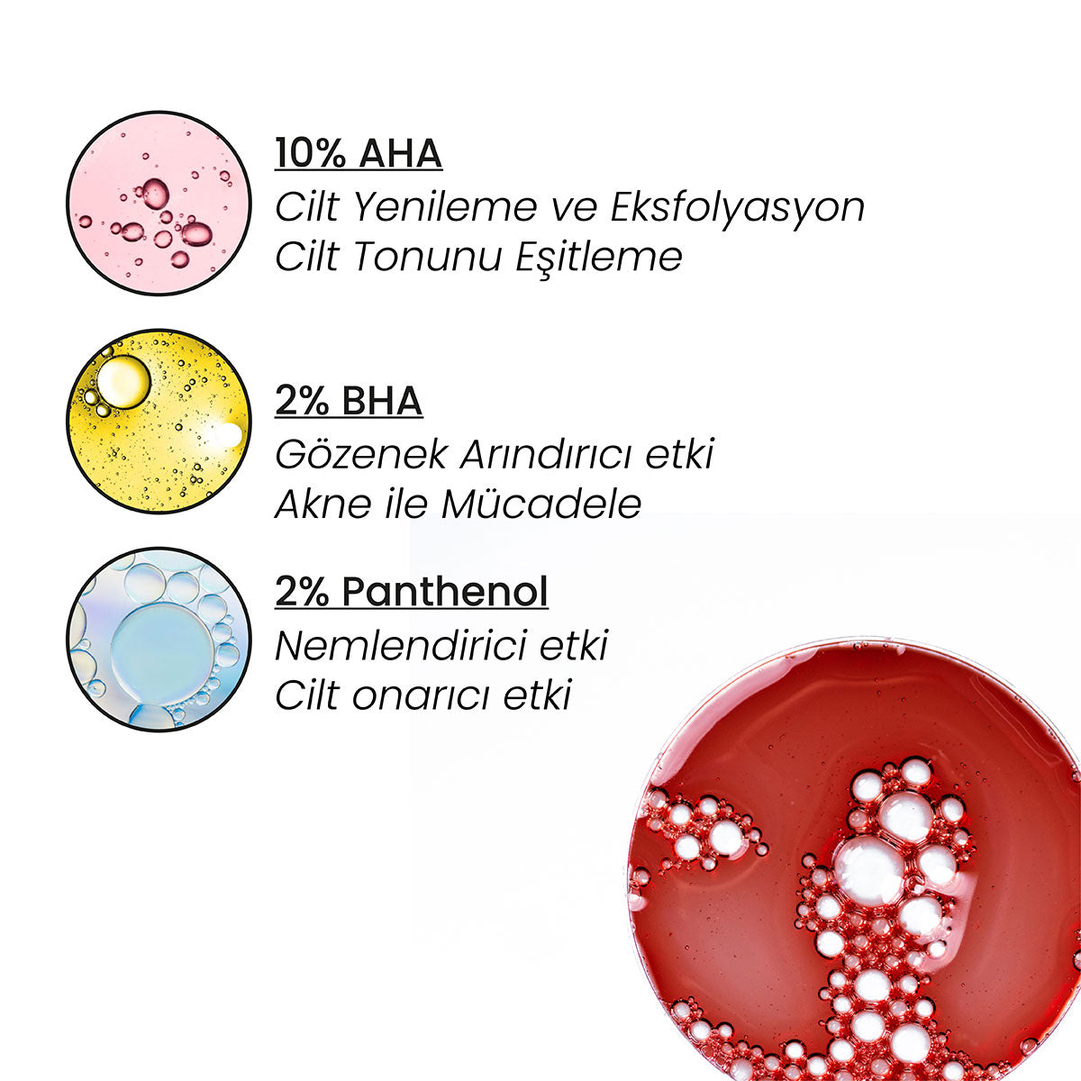 AHA BHA Peeling Serum – glikolik asit ve aha bha içerdiğini gösteren formül ve bileşen görseli