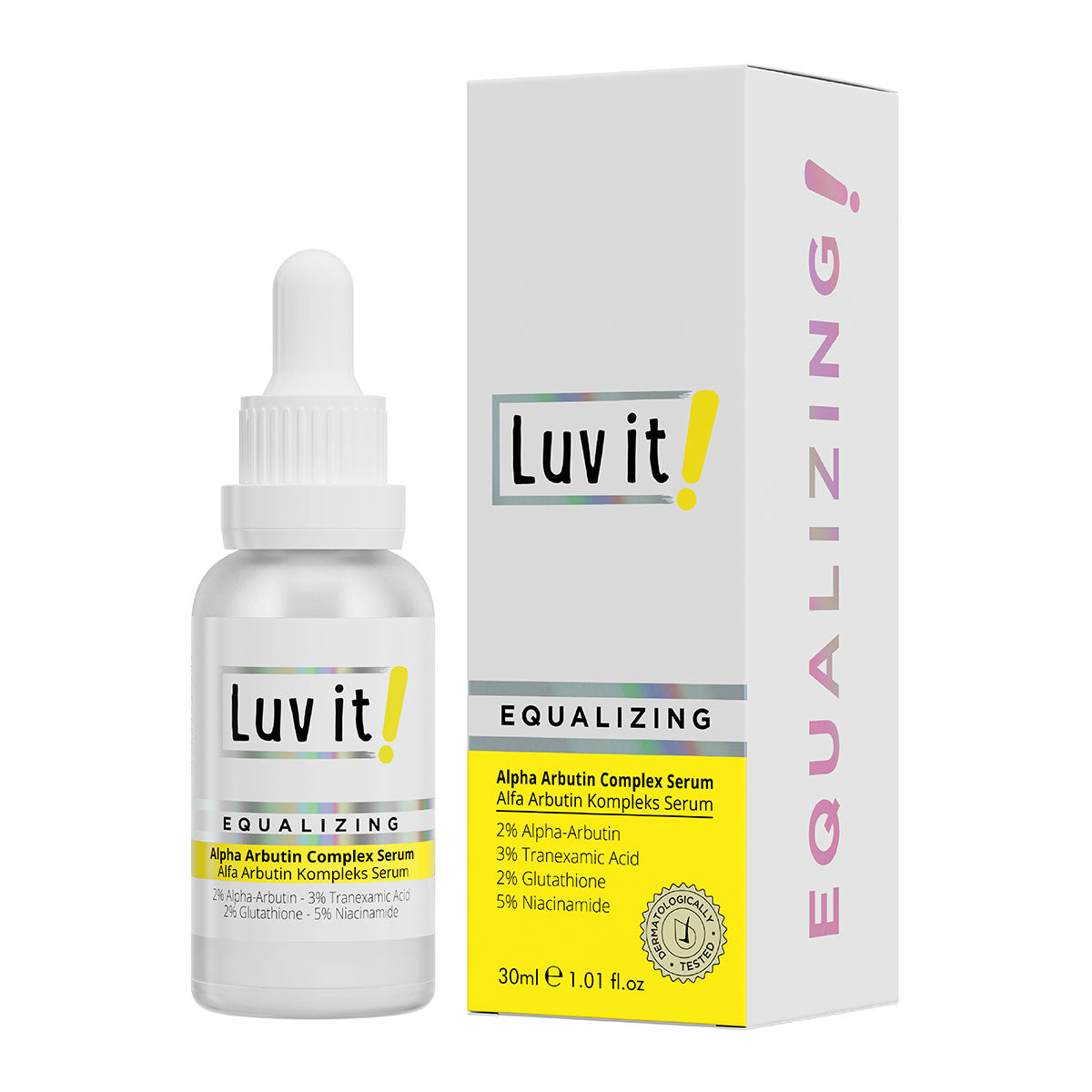 Alpha Arbutin Cilt Serumu – temiz beyaz arka planda ürün ambalajı, e-ticaret ürün görseli