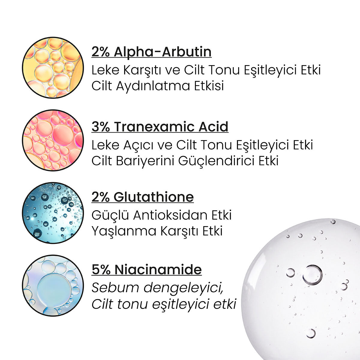 Alpha Arbutin Cilt Serumu – arbutin içerdiğini gösteren formül ve bileşen görseli