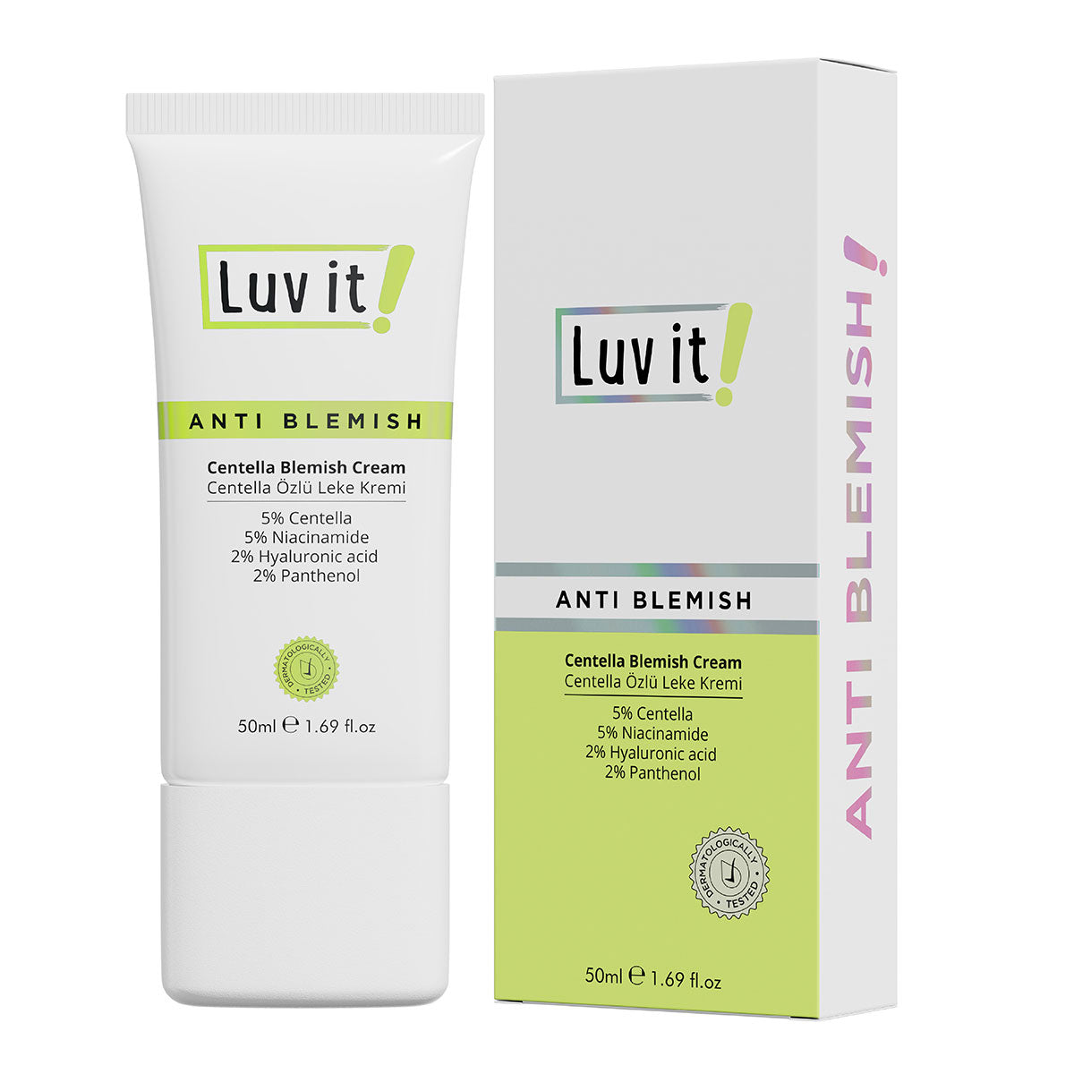 Centella Özlü Leke Kremi – temiz beyaz arka planda ürün ambalajı, e-ticaret ürün görseli