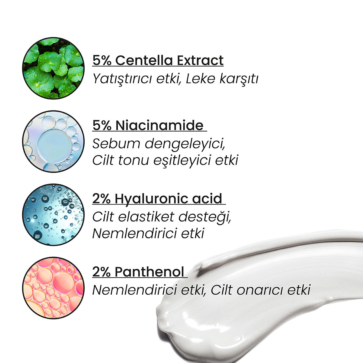 Centella Özlü Leke Kremi – hyaluronik asit ve centella içerdiğini gösteren formül ve bileşen görseli