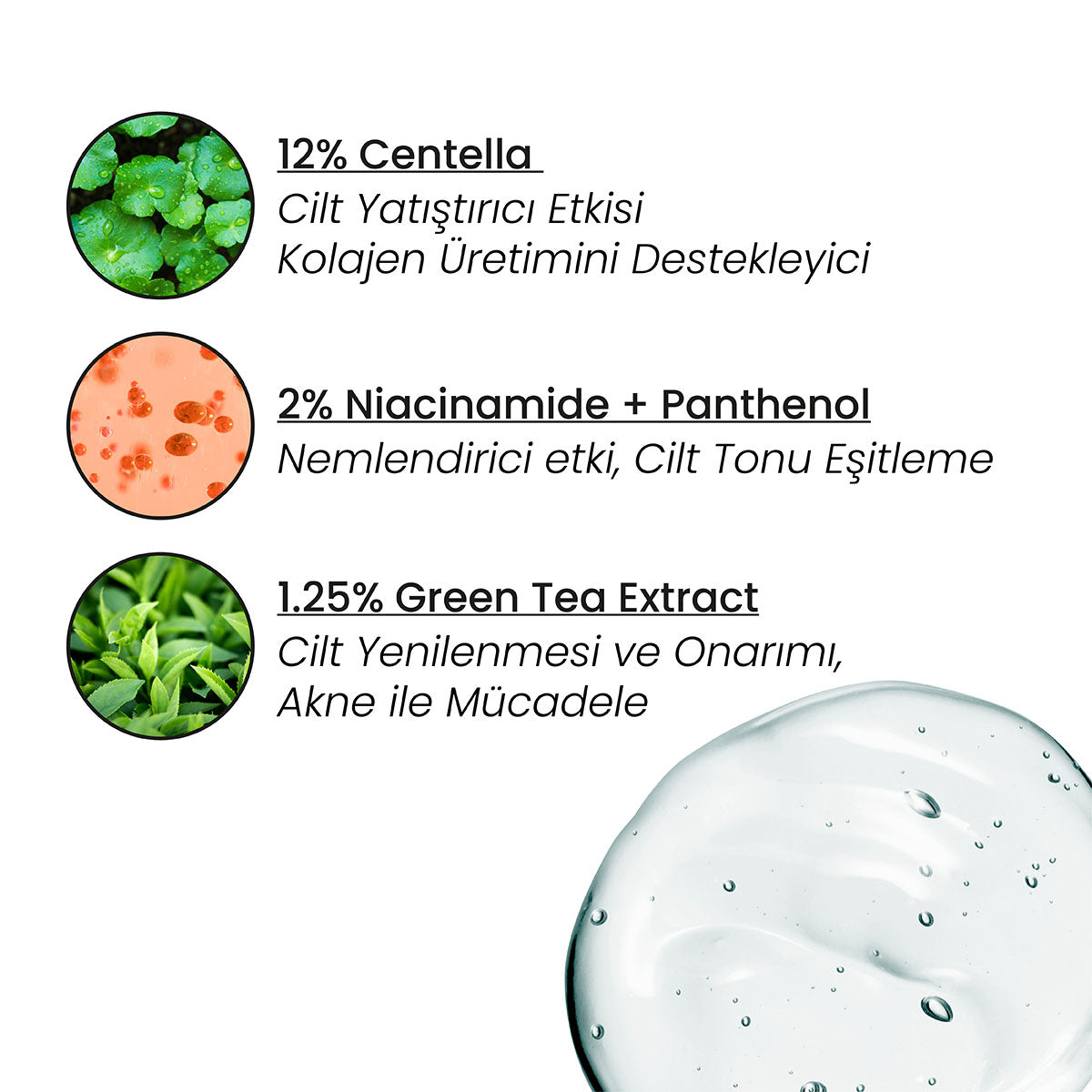 Centella Özlü Serum – centella içerdiğini gösteren formül ve bileşen görseli