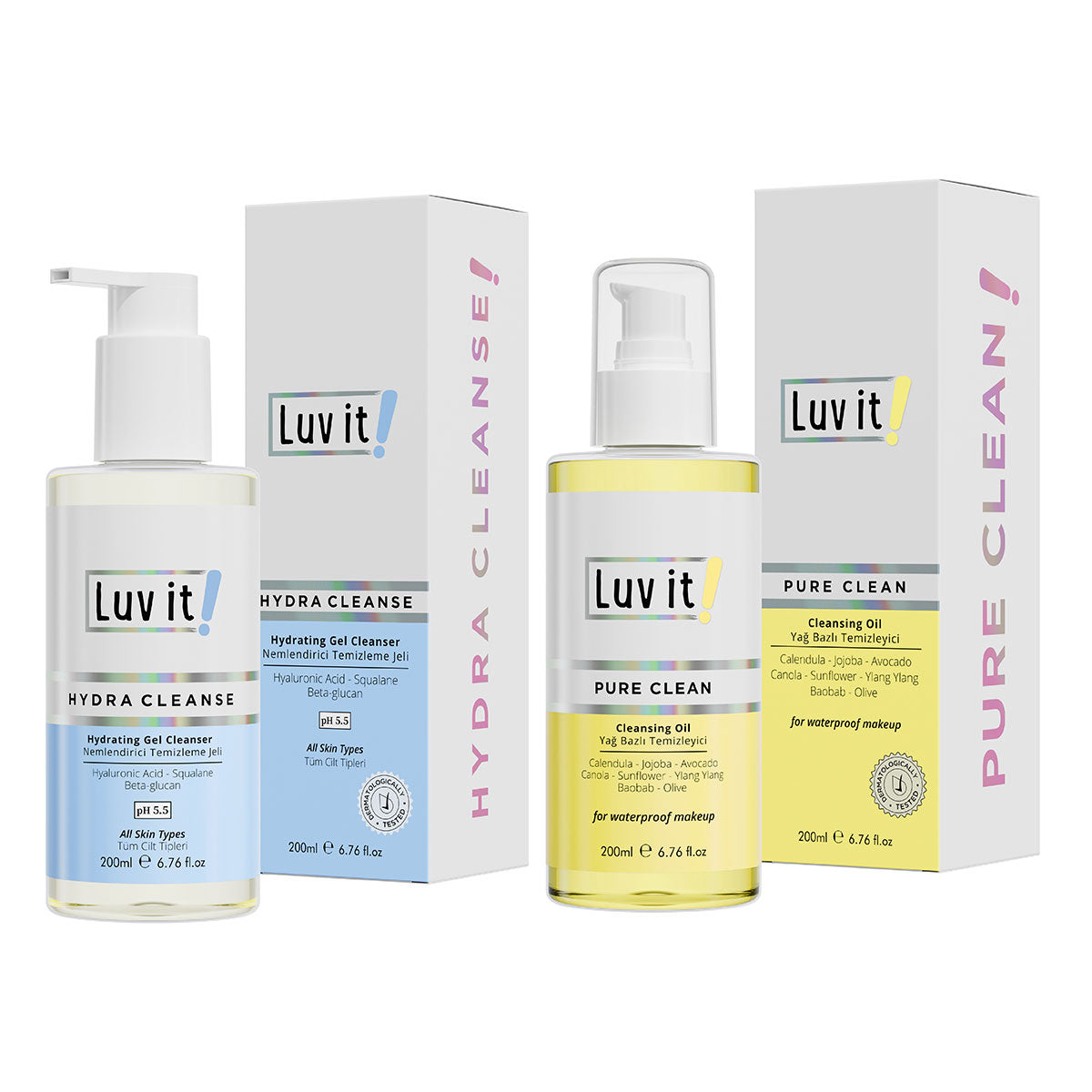 Çift Aşamalı Temizlik Sağlayan Nemlendirme Etkili Cilt Bakım Seti (Kuru-Normal Ciltler) – temiz beyaz arka planda ürün ambalajı, e-ticaret ürün görseli