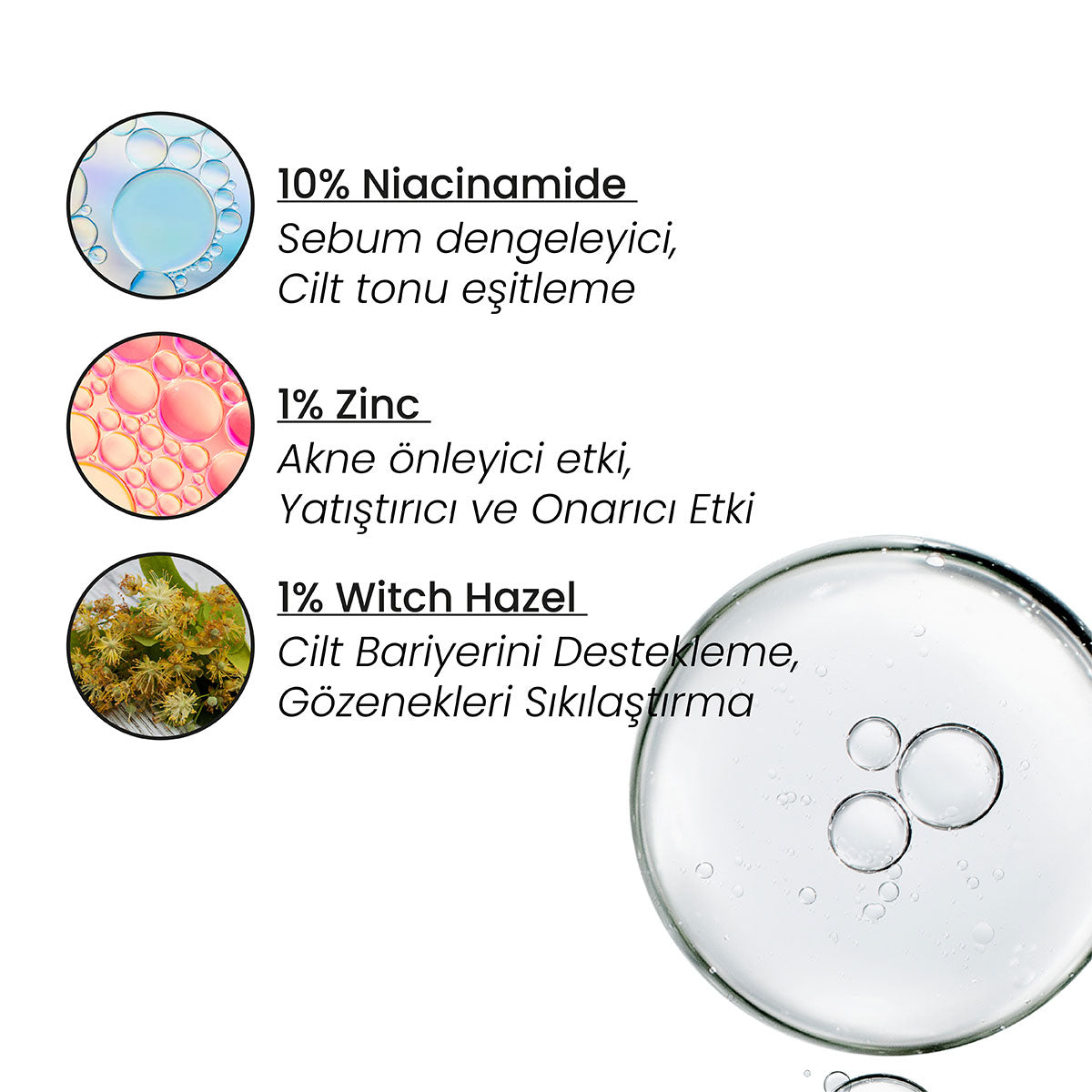 Gözenek Sıkılaştırıcı & Aydınlatıcı Serum – ürünün aktif bileşenlerini ve formülünü gösteren görsel