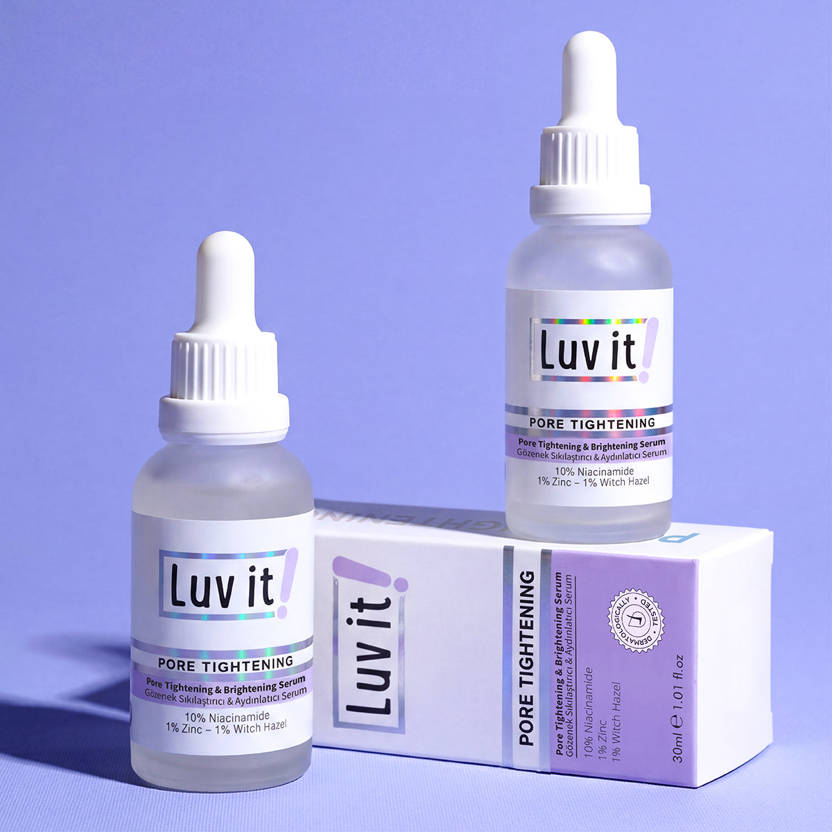 Gözenek Sıkılaştırıcı & Aydınlatıcı Serum – serum şişesi yakın çekim, cilt bakım etkili