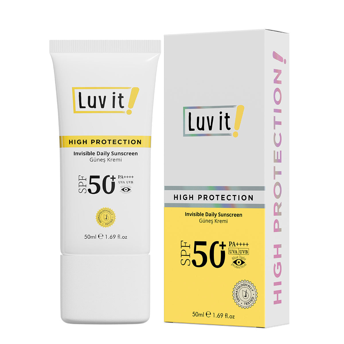 Güneş Kremi Spf50+ Pa++++ UVA-UVB – temiz beyaz arka planda ürün ambalajı, e-ticaret ürün görseli