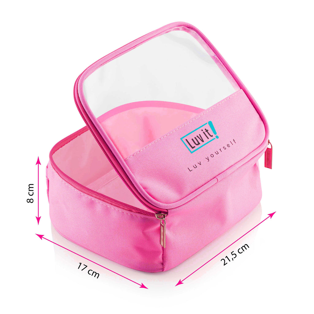 Cilt Bakım ve Makyaj Çantası Seyahat Boy – ambalajın uzunluk ve genişlik ölçülerini gösteren teknik görsel