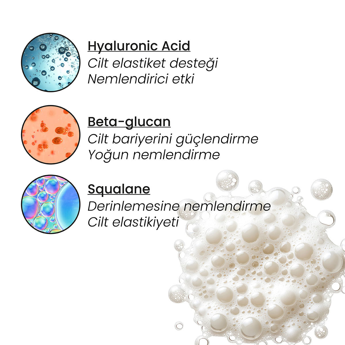 Nemlendirici Temizleme Jeli – hyaluronik asit içerdiğini gösteren formül ve bileşen görseli