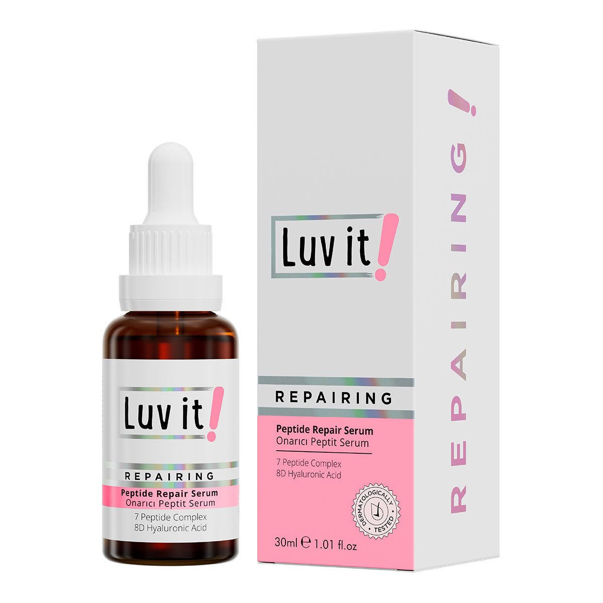 Onarıcı Peptit Serum – temiz beyaz arka planda ürün ambalajı, e-ticaret ürün görseli