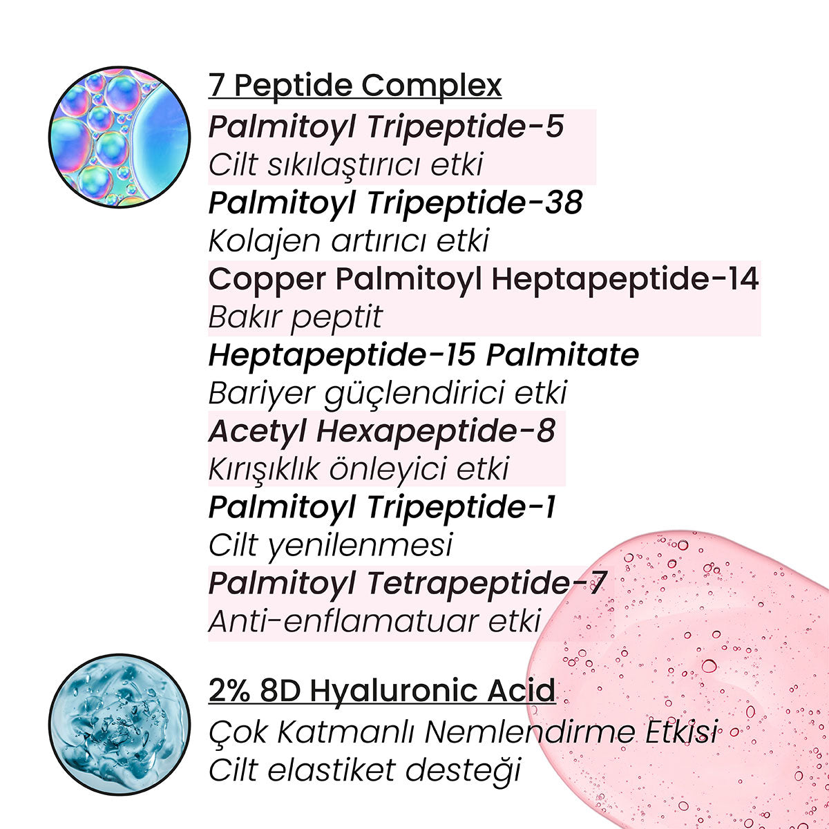 Onarıcı Peptit Serum – hyaluronik asit ve peptit içerdiğini gösteren formül ve bileşen görseli