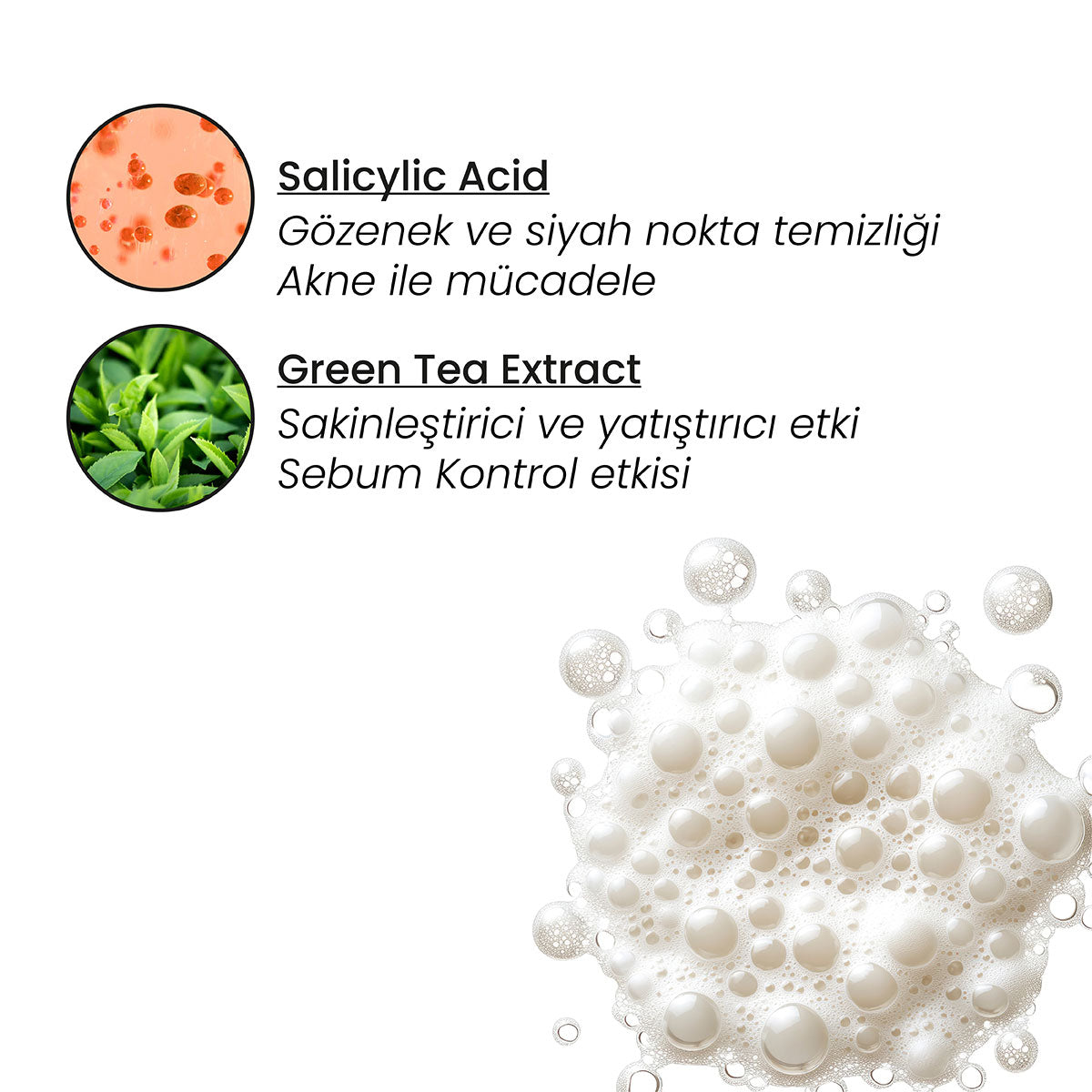 Sebum Dengeleyici Temizleme Jeli – ürünün aktif bileşenlerini ve formülünü gösteren görsel