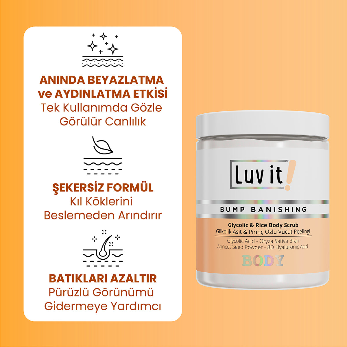 Pirinç Özlü, Seramid ve Hyalüronik Asit İçeren 2'li Vücut Bakım Seti - Body Scrub ve Vücut Losyonu – ürün faydalarını açıklayan bilgi görseli