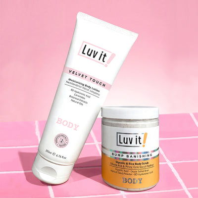 Pirinç Özlü, Seramid ve Hyalüronik Asit İçeren 2'li Vücut Bakım Seti - Body Scrub ve Vücut Losyonu