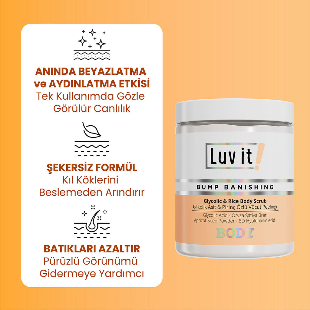Glikolik Asit Vücut Peelingi - Pirinç Özlü Hyaluronik Asit İçeren Body Scrub – ürün faydalarını açıklayan bilgi görseli