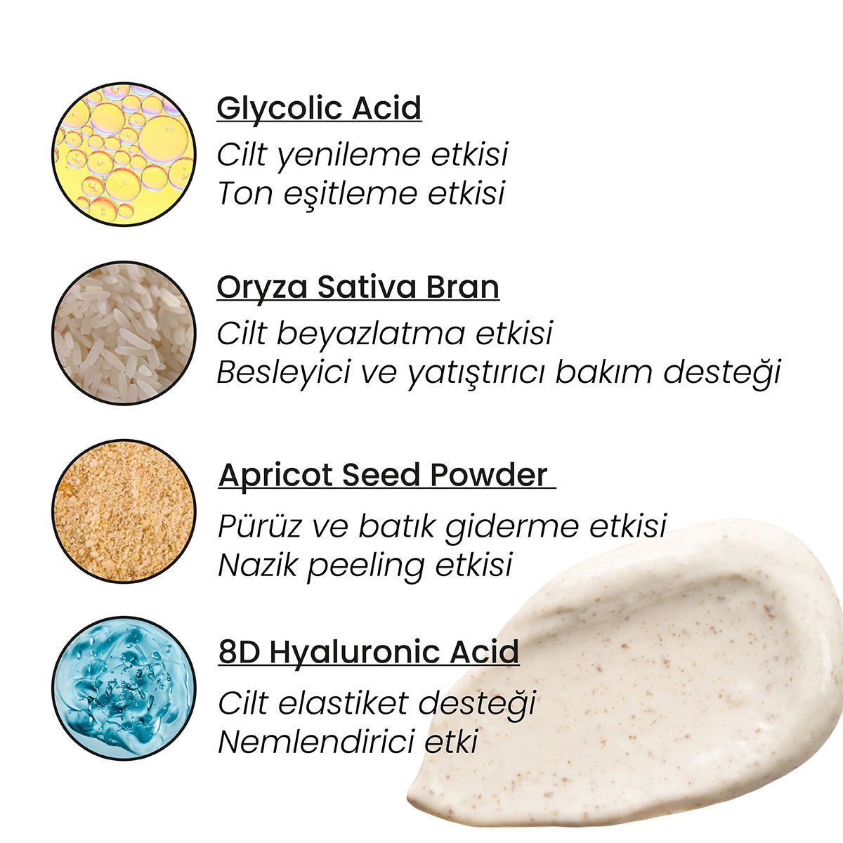 Glikolik Asit Vücut Peelingi - Pirinç Özlü Hyaluronik Asit İçeren Body Scrub – hyaluronik asit ve glikolik asit içerdiğini gösteren formül ve bileşen görseli