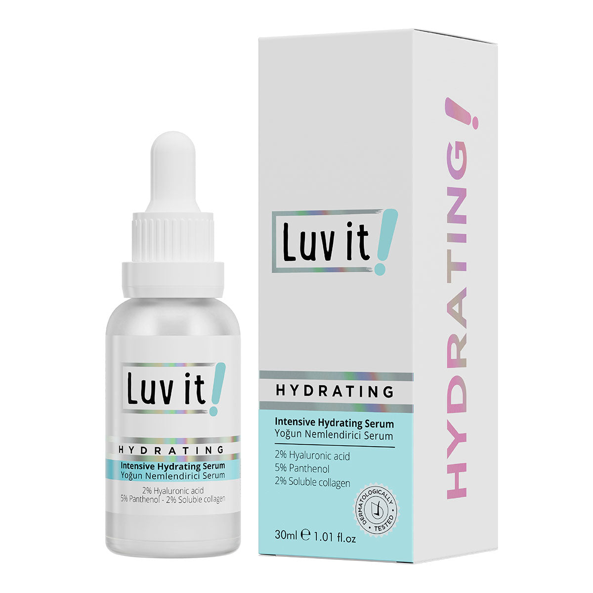 Yoğun Nemlendirici Hyaluronik Asit Serum – temiz beyaz arka planda ürün ambalajı, e-ticaret ürün görseli