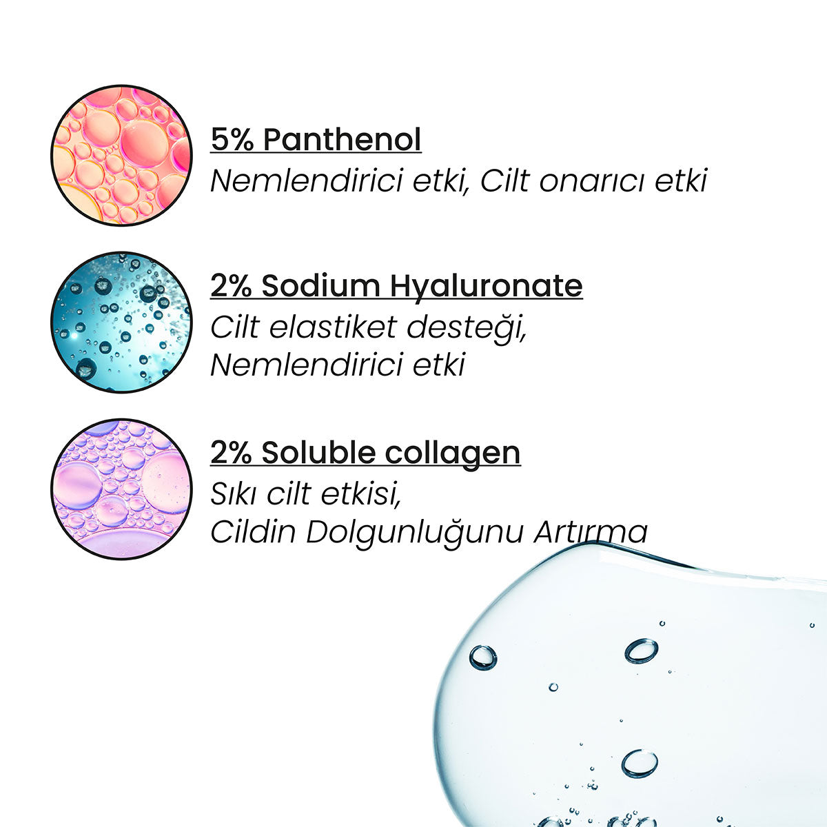 Yoğun Nemlendirici Hyaluronik Asit Serum – hyaluronik asit içerdiğini gösteren formül ve bileşen görseli
