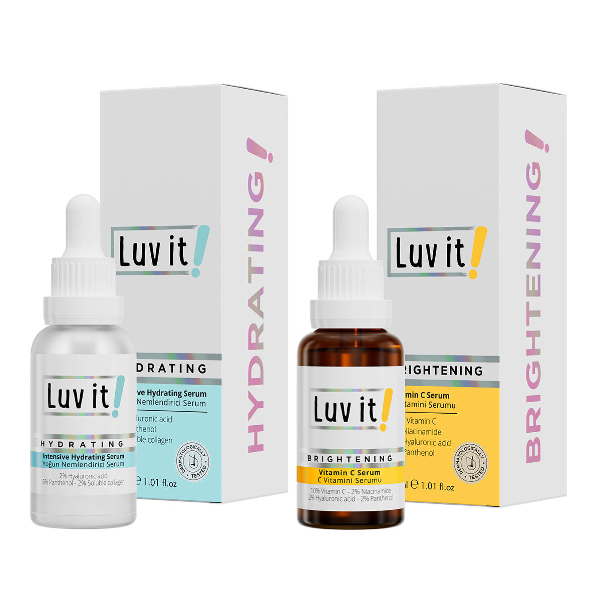 Yoğun Nemlendirici Serum ve C Vitamini Serumu Seti – temiz beyaz arka planda ürün ambalajı, e-ticaret ürün görseli